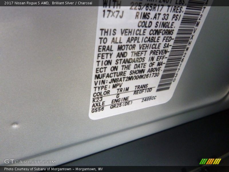 Brilliant Silver / Charcoal 2017 Nissan Rogue S AWD