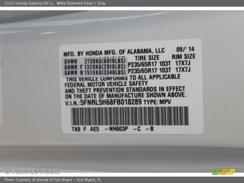 White Diamond Pearl / Gray 2015 Honda Odyssey EX-L
