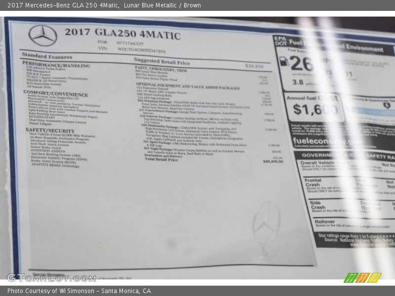 2017 GLA 250 4Matic Window Sticker
