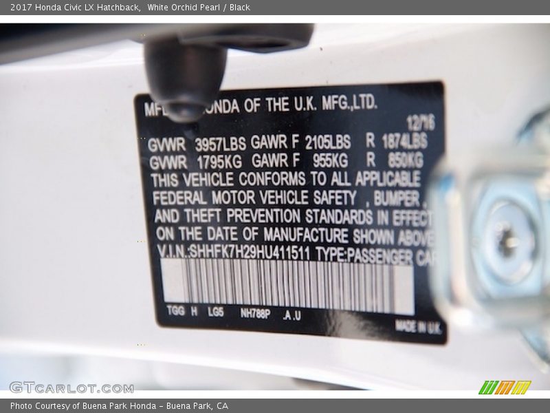 White Orchid Pearl / Black 2017 Honda Civic LX Hatchback