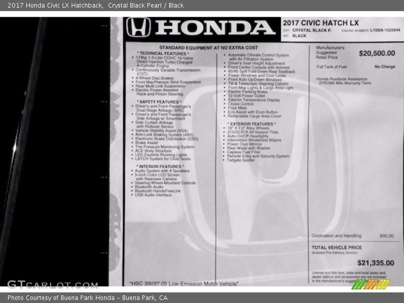 Crystal Black Pearl / Black 2017 Honda Civic LX Hatchback