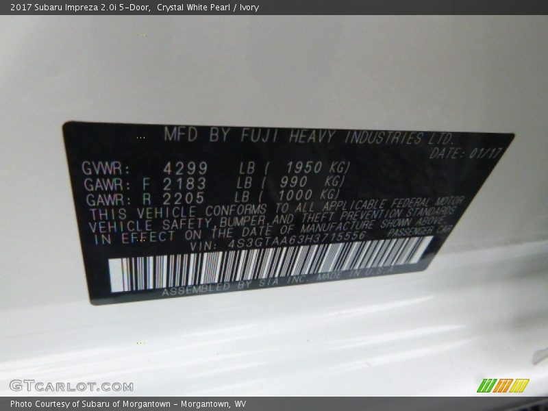 Crystal White Pearl / Ivory 2017 Subaru Impreza 2.0i 5-Door