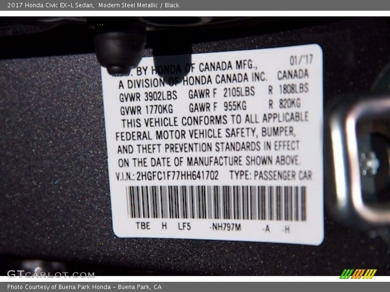 Modern Steel Metallic / Black 2017 Honda Civic EX-L Sedan