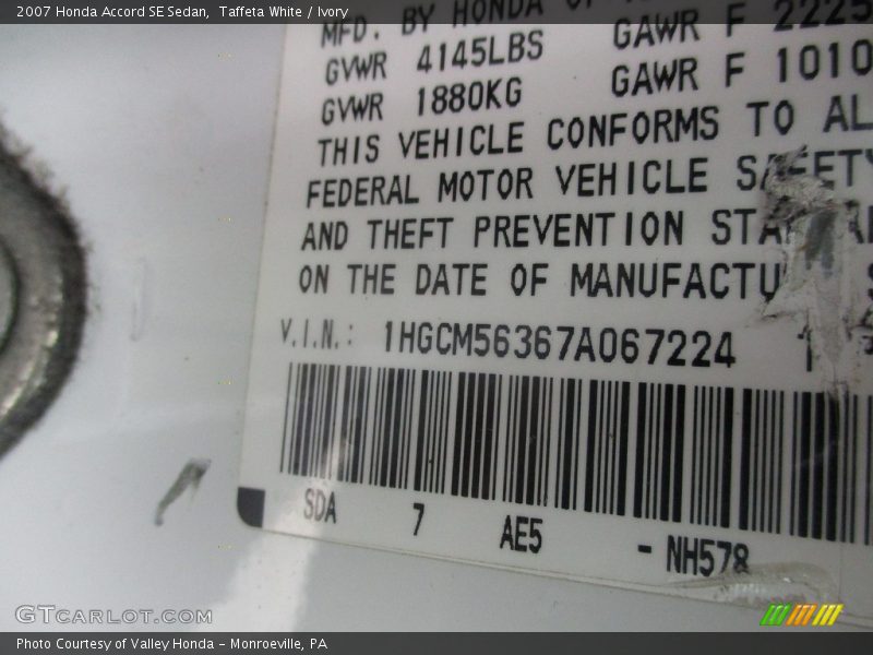Taffeta White / Ivory 2007 Honda Accord SE Sedan