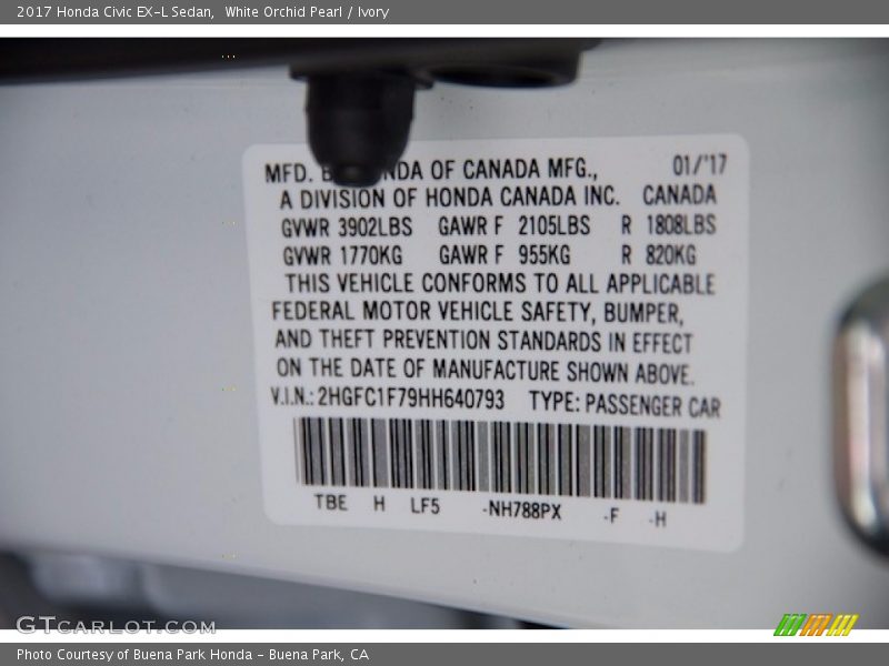 White Orchid Pearl / Ivory 2017 Honda Civic EX-L Sedan