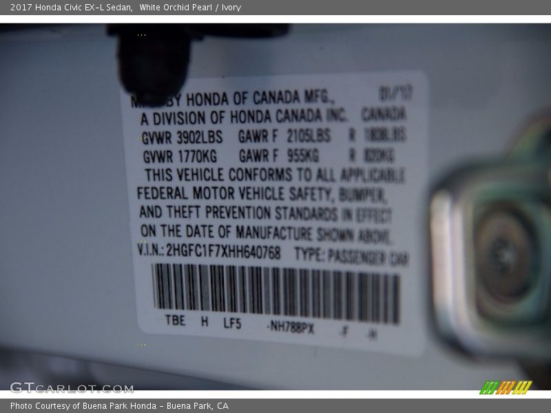 White Orchid Pearl / Ivory 2017 Honda Civic EX-L Sedan