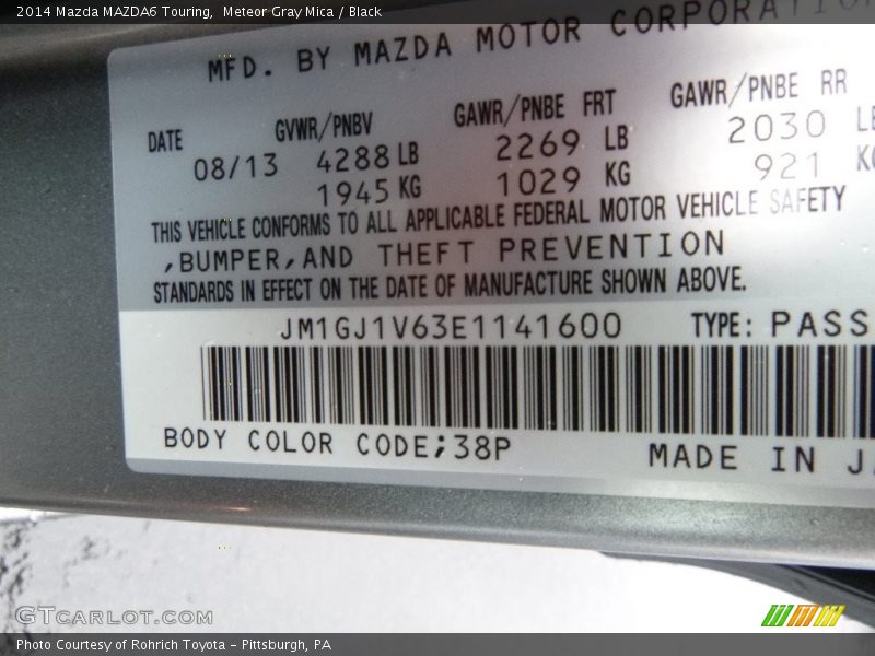 Meteor Gray Mica / Black 2014 Mazda MAZDA6 Touring