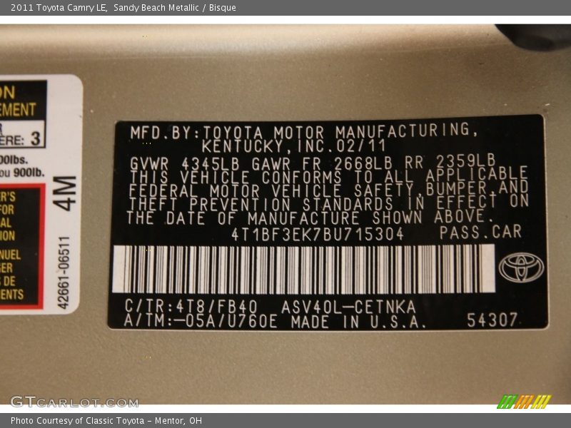 Sandy Beach Metallic / Bisque 2011 Toyota Camry LE