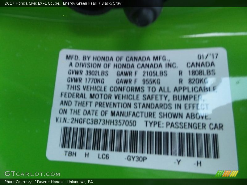 2017 Civic EX-L Coupe Energy Green Pearl Color Code GY30P