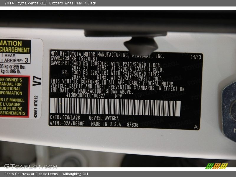 Blizzard White Pearl / Black 2014 Toyota Venza XLE