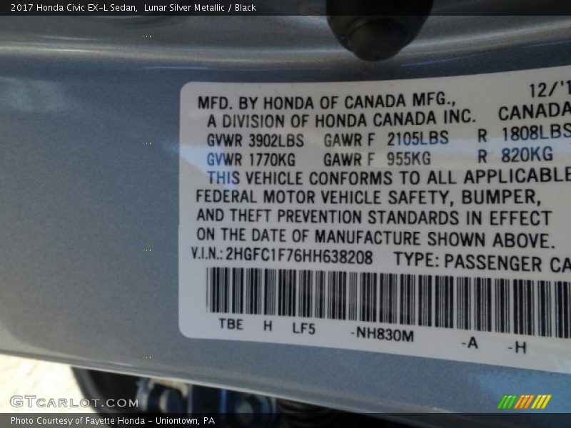 Lunar Silver Metallic / Black 2017 Honda Civic EX-L Sedan