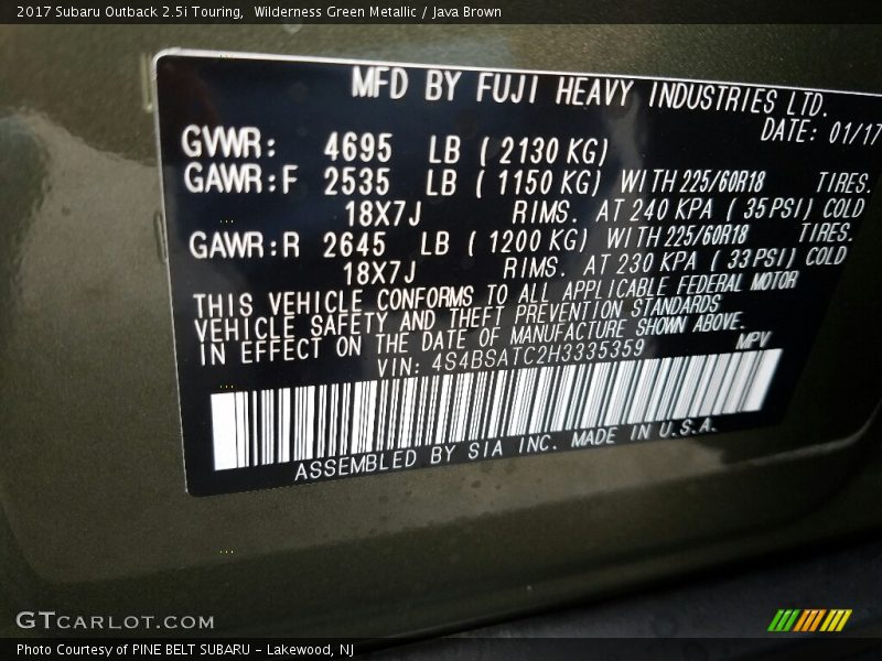 Wilderness Green Metallic / Java Brown 2017 Subaru Outback 2.5i Touring