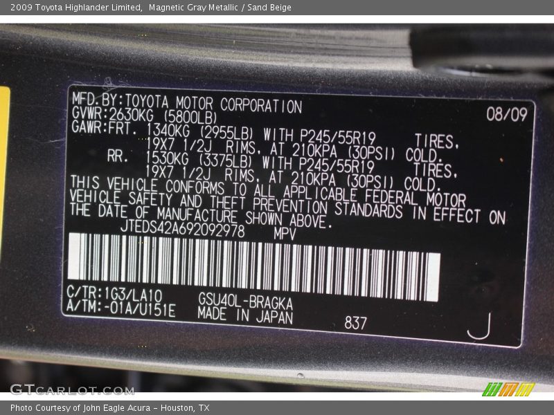 Magnetic Gray Metallic / Sand Beige 2009 Toyota Highlander Limited