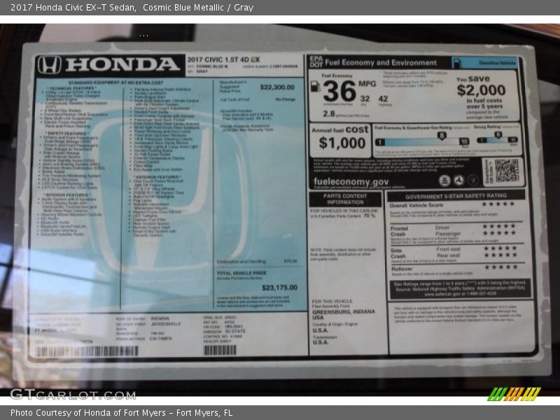 Cosmic Blue Metallic / Gray 2017 Honda Civic EX-T Sedan