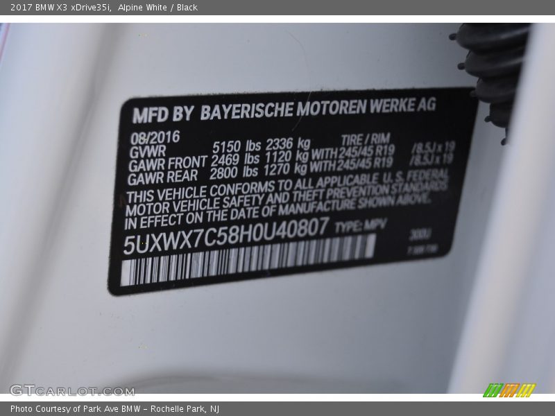 Alpine White / Black 2017 BMW X3 xDrive35i