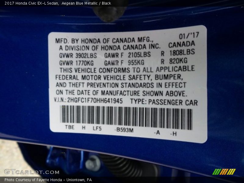 Aegean Blue Metallic / Black 2017 Honda Civic EX-L Sedan