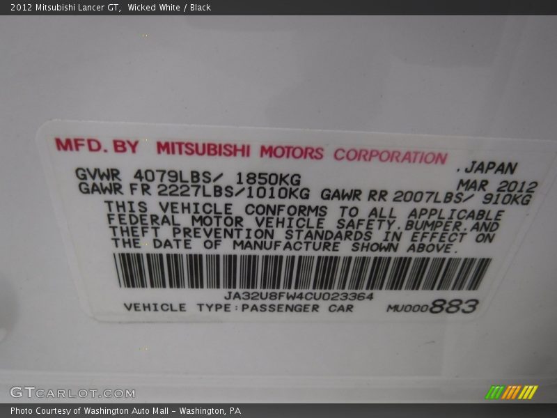 Wicked White / Black 2012 Mitsubishi Lancer GT