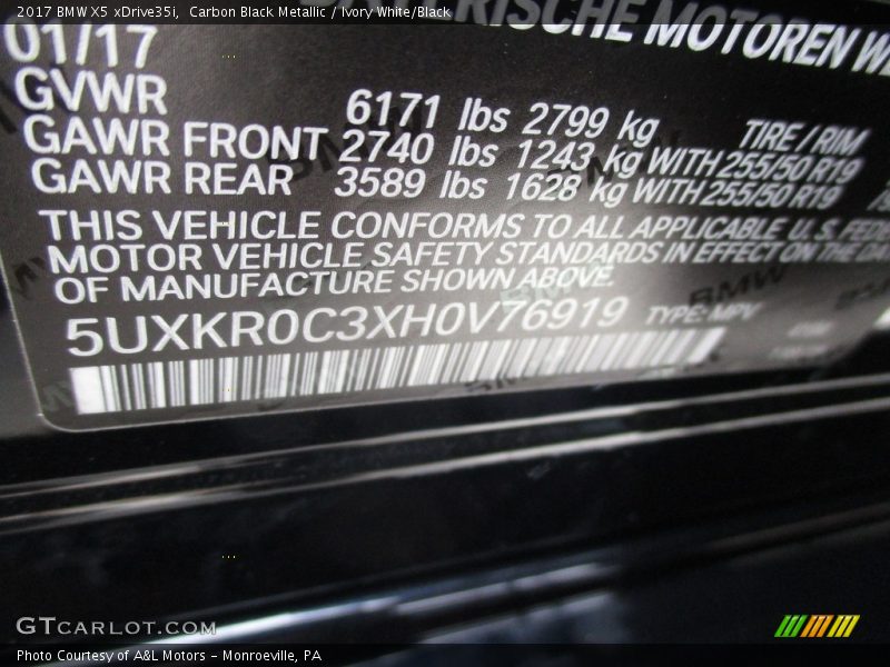 Carbon Black Metallic / Ivory White/Black 2017 BMW X5 xDrive35i
