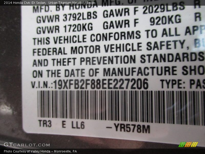 Urban Titanium Metallic / Beige 2014 Honda Civic EX Sedan