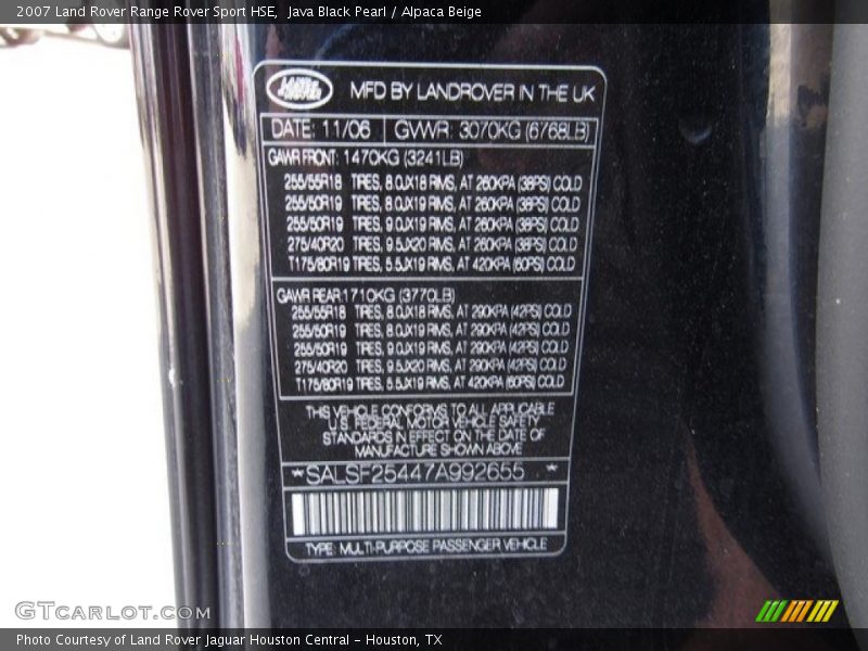 Java Black Pearl / Alpaca Beige 2007 Land Rover Range Rover Sport HSE