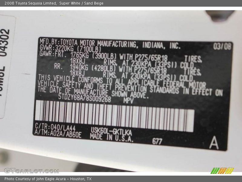 Super White / Sand Beige 2008 Toyota Sequoia Limited
