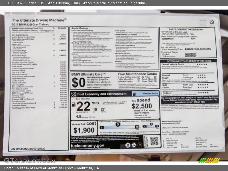  2017 5 Series 535i Gran Turismo Window Sticker