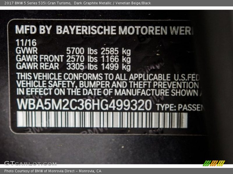 Dark Graphite Metallic / Venetian Beige/Black 2017 BMW 5 Series 535i Gran Turismo