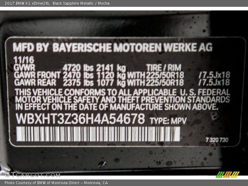 Black Sapphire Metallic / Mocha 2017 BMW X1 xDrive28i
