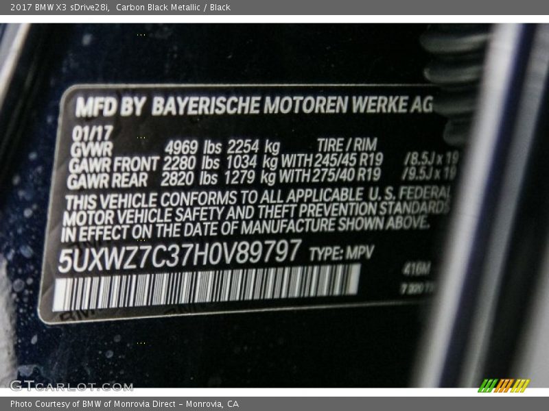 Carbon Black Metallic / Black 2017 BMW X3 sDrive28i