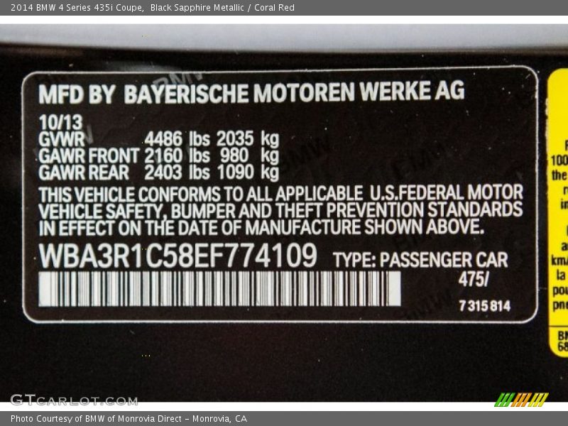Black Sapphire Metallic / Coral Red 2014 BMW 4 Series 435i Coupe