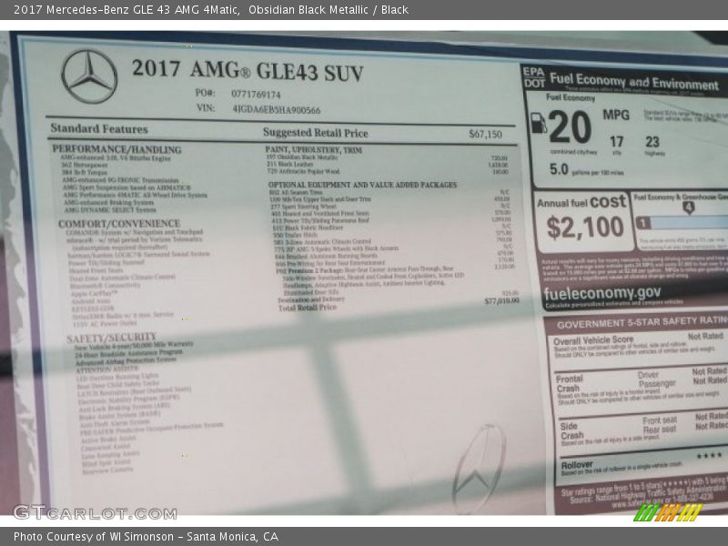  2017 GLE 43 AMG 4Matic Window Sticker