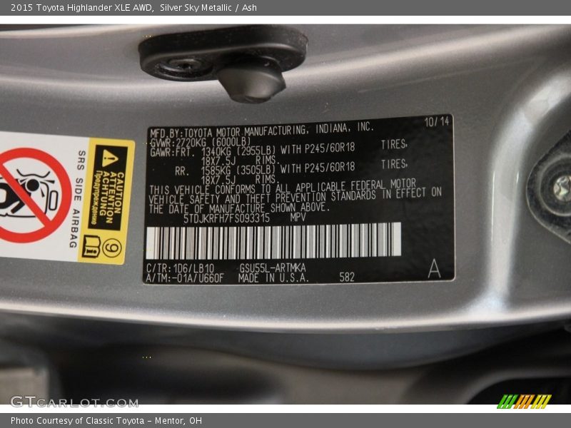 Silver Sky Metallic / Ash 2015 Toyota Highlander XLE AWD