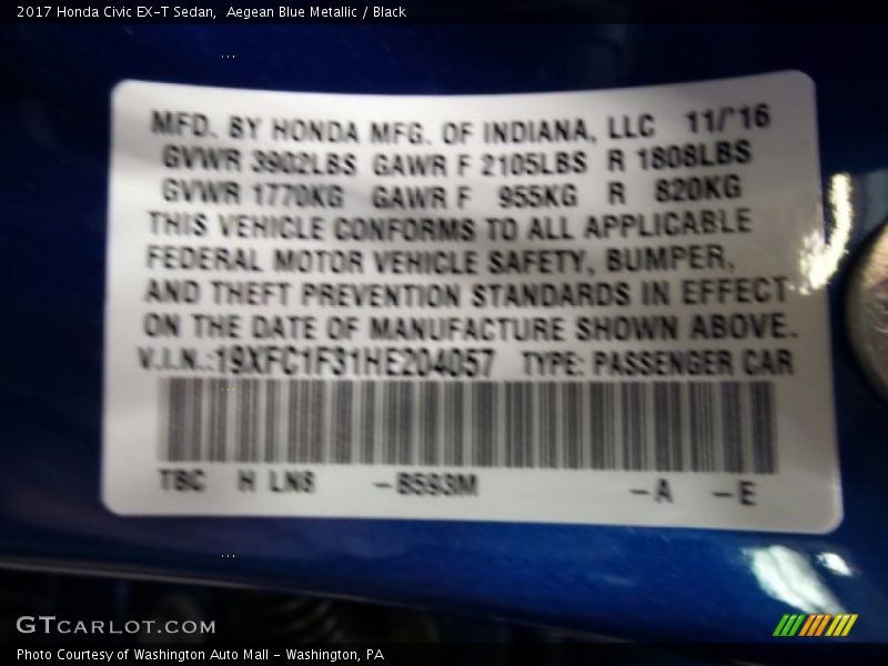 Aegean Blue Metallic / Black 2017 Honda Civic EX-T Sedan
