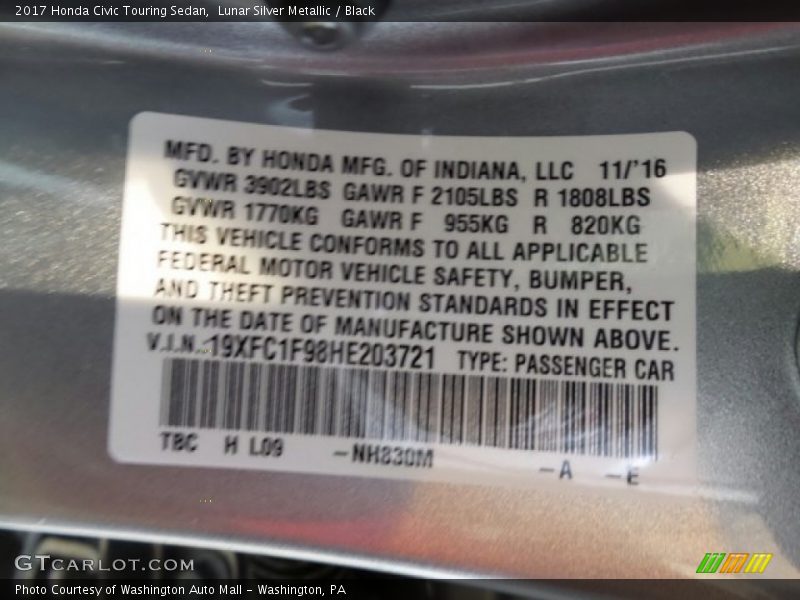 Lunar Silver Metallic / Black 2017 Honda Civic Touring Sedan