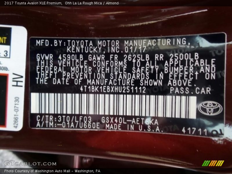 2017 Avalon XLE Premium Ohh La La Rough Mica Color Code 3T0
