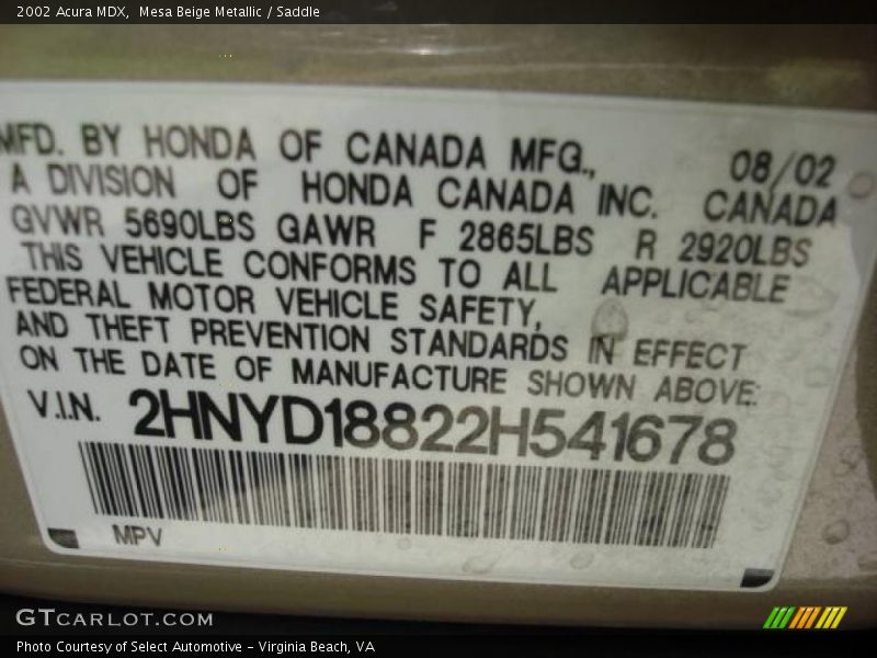 Mesa Beige Metallic / Saddle 2002 Acura MDX