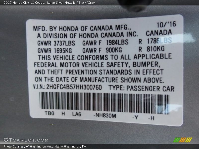 Lunar Silver Metallic / Black/Gray 2017 Honda Civic LX Coupe