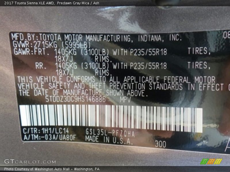 2017 Sienna XLE AWD Predawn Gray Mica Color Code 1H1