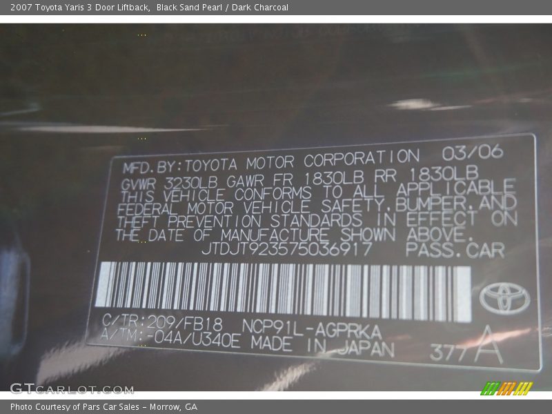 Black Sand Pearl / Dark Charcoal 2007 Toyota Yaris 3 Door Liftback