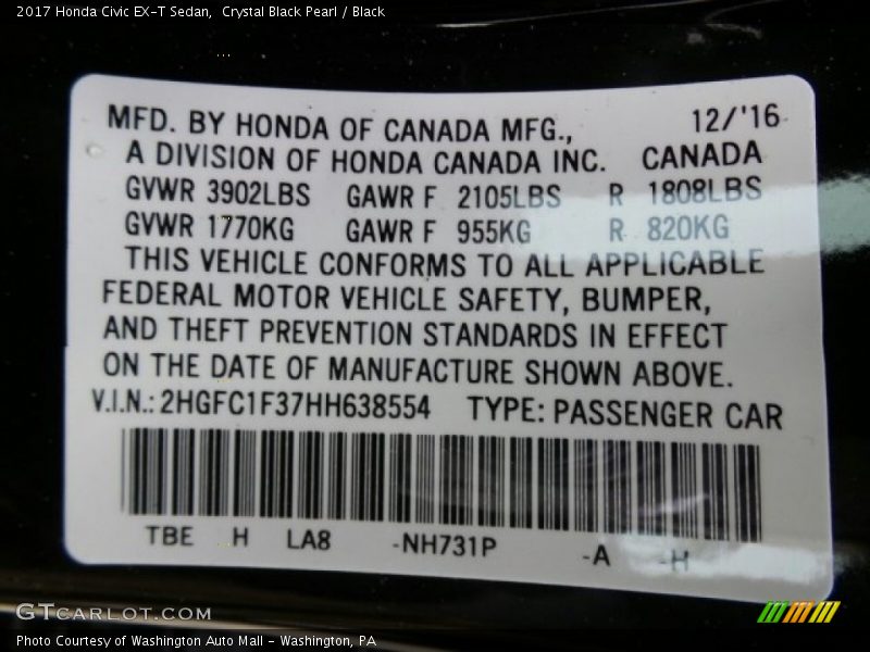 Crystal Black Pearl / Black 2017 Honda Civic EX-T Sedan