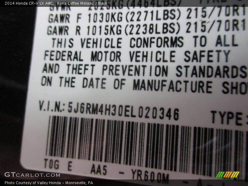 Kona Coffee Metallic / Black 2014 Honda CR-V LX AWD