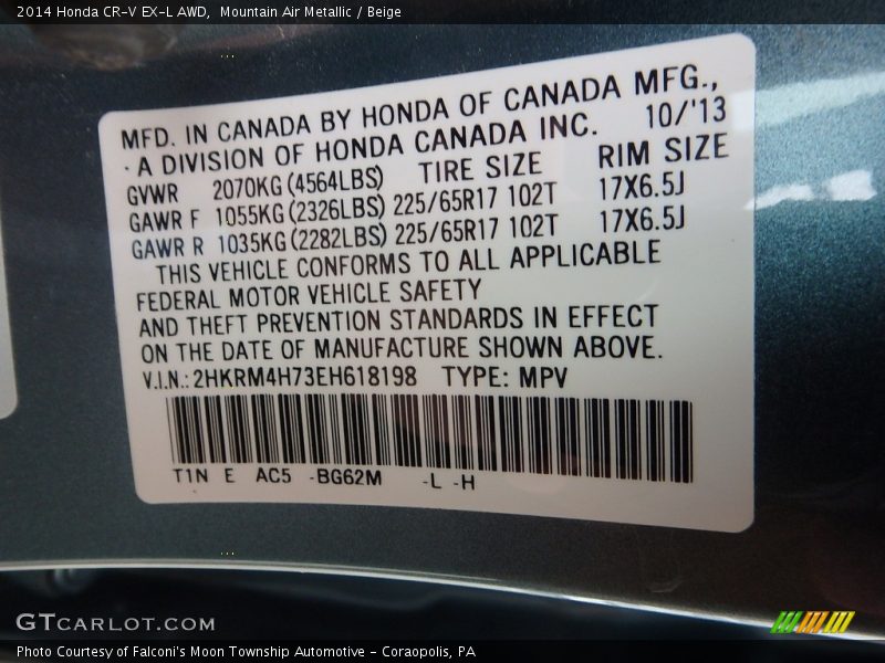 Mountain Air Metallic / Beige 2014 Honda CR-V EX-L AWD