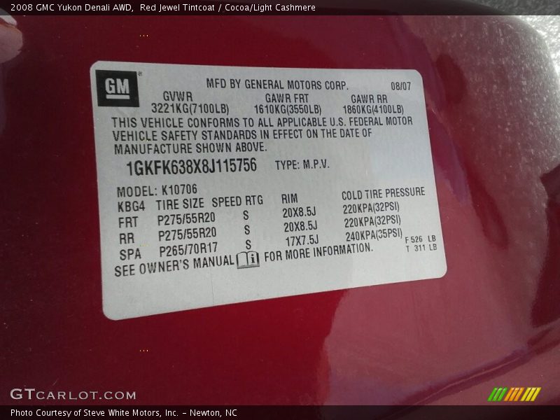 Red Jewel Tintcoat / Cocoa/Light Cashmere 2008 GMC Yukon Denali AWD