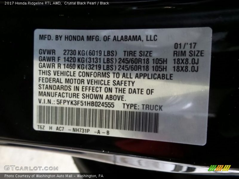 2017 Ridgeline RTL AWD Crystal Black Pearl Color Code NH731P