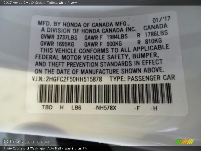 Taffeta White / Ivory 2017 Honda Civic LX Sedan