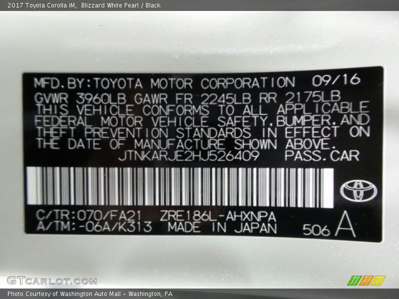 2017 Corolla iM  Blizzard White Pearl Color Code 070