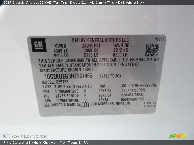 Summit White / Dark Ash/Jet Black 2017 Chevrolet Silverado 2500HD Work Truck Double Cab 4x4