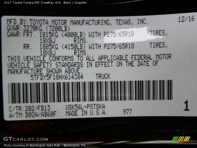 2017 Tundra SR5 CrewMax 4x4 Black Color Code 202