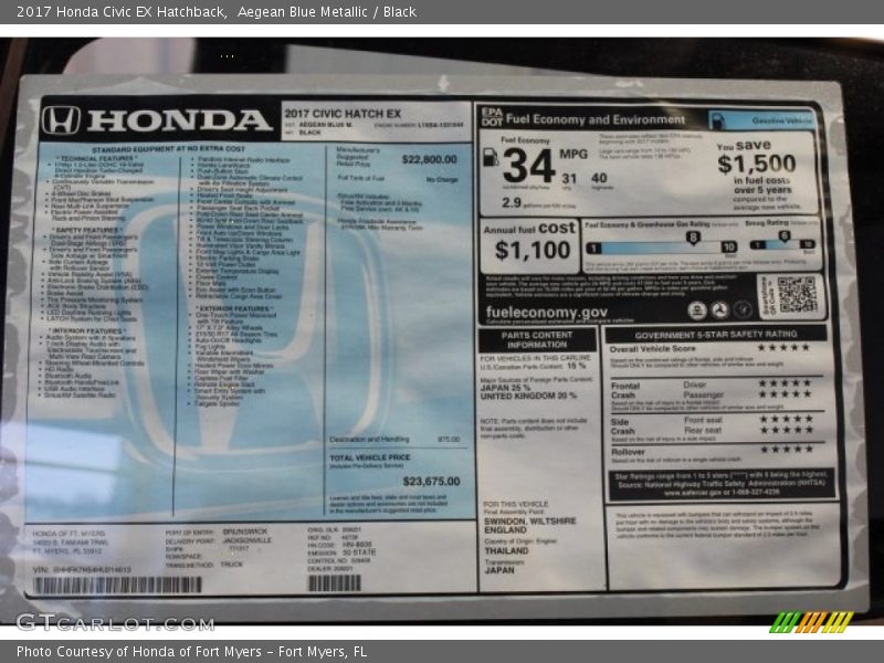 Aegean Blue Metallic / Black 2017 Honda Civic EX Hatchback
