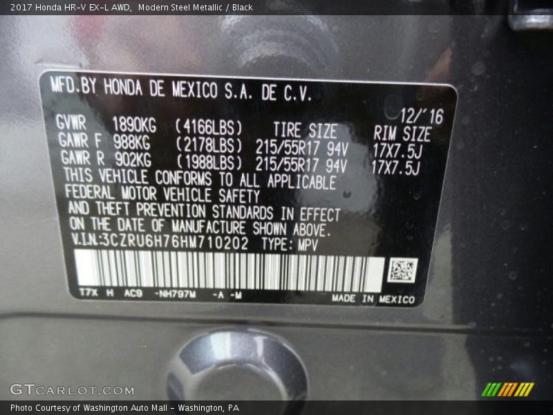 Modern Steel Metallic / Black 2017 Honda HR-V EX-L AWD